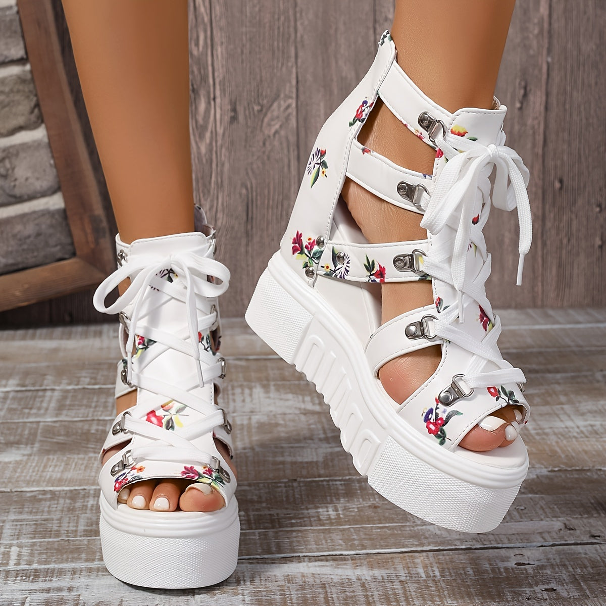 Women's Floral Vintage Sandals, Back Zipper Platform Hollow Lace Up Shoes, Summer Breathable Wedge Holiday Shoes SS69