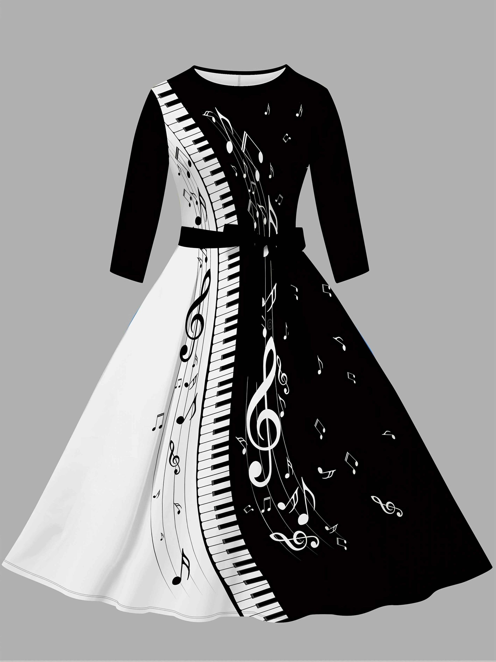 Women'S Stylish Piano Print Dress - Black & White with Musical Notes, Short Sleeve, Round Neck, A-Line Silhouette, Summer Casual Wear, Piano Gifts