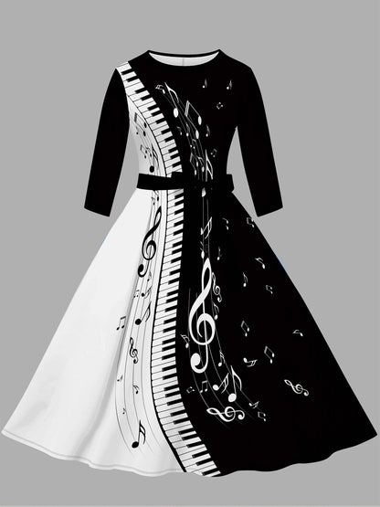 Women'S Stylish Piano Print Dress - Black & White with Musical Notes, Short Sleeve, Round Neck, A-Line Silhouette, Summer Casual Wear, Piano Gifts