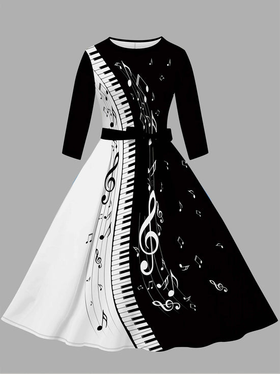 Women'S Stylish Piano Print Dress - Black & White with Musical Notes, Short Sleeve, Round Neck, A-Line Silhouette, Summer Casual Wear, Piano Gifts
