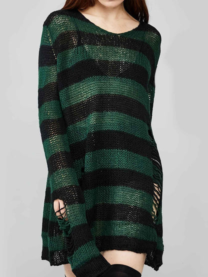 [Gothic Knitted Top] Gothic Long Loose-Fitting Knitted Top - Round Neck, Unique Torn Design with Contrasting Stripes