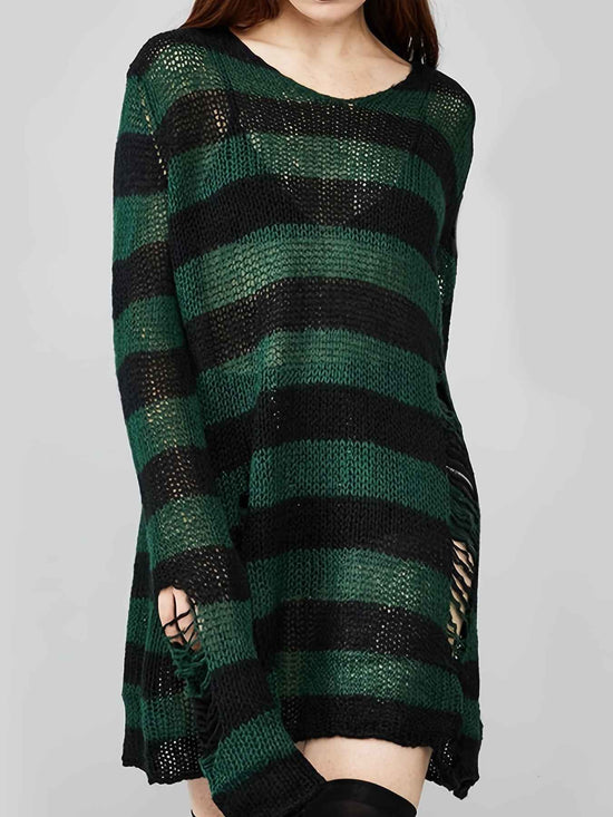 [Gothic Knitted Top] Gothic Long Loose-Fitting Knitted Top - Round Neck, Unique Torn Design with Contrasting Stripes