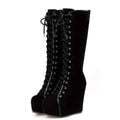 EROCALLI Women'S Gothic Y2K Platform Wedge Heel Knee-High Boots - Chunky Heel Lace-Up with Side Zipper, Faux Cover & Rubber Sole for Casual Party & Daily Wear, High Heel Boots, Party Footwear, Bold Fashion Statement, Durable