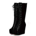 EROCALLI Women'S Gothic Y2K Platform Wedge Heel Knee-High Boots - Chunky Heel Lace-Up with Side Zipper, Faux Cover & Rubber Sole for Casual Party & Daily Wear, High Heel Boots, Party Footwear, Bold Fashion Statement, Durable