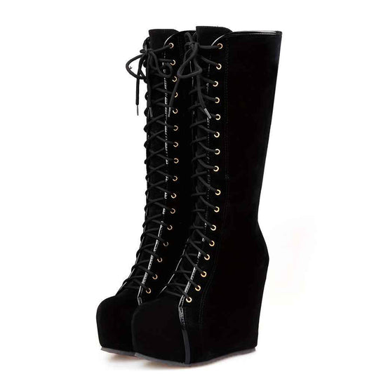 EROCALLI Women'S Gothic Y2K Platform Wedge Heel Knee-High Boots - Chunky Heel Lace-Up with Side Zipper, Faux Cover & Rubber Sole for Casual Party & Daily Wear, High Heel Boots, Party Footwear, Bold Fashion Statement, Durable