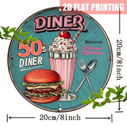 1pc Vintage Round Metal Tin Sign - 8" Retro Aluminum Wall Decor with "50's Diner" Design, Cherry Red & Cream Burger Theme, Durable Craft Decoration for Home, Farmhouse, Porch, Outdoor & Room Decor, Metal Wall Art Decor SS69 10.69 A