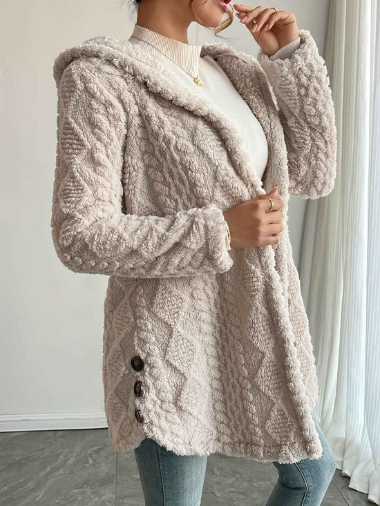 [Elegant Faux Fur Cardigan] Warm & Stylish Elegant Beige Faux Fur Hooded Cardigan for Women | Long Sleeve, Button-Up Mid-Length Winter Coat with Pockets, Cozy Fall/Winter Outerwear, Structured Design