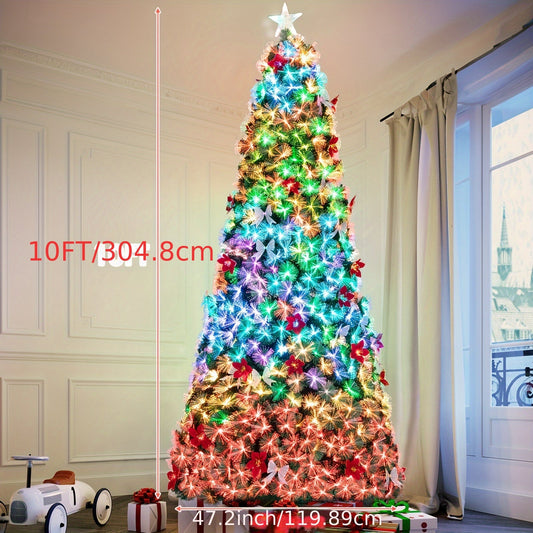 Pre-lit Christmas Tree, Fiber Optic Pre-lit Christmas Tree With Artificial Flowers And Bows, Multi-color Changing LED Lights, Starlight On Top, For Home Decoration, Holiday Party SS69 194.69 10FT