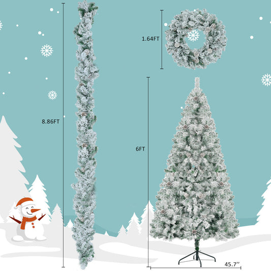 RIDFY 6FT Snow Flocked Christmas Tree, Pre-Lit Set with Tree & Garland & Wreath, Artificial Hinged Xmas Tree with Colorful LED Lights, 8 Lighting Modes, Pine Cones, Holiday Decor for Home SS69