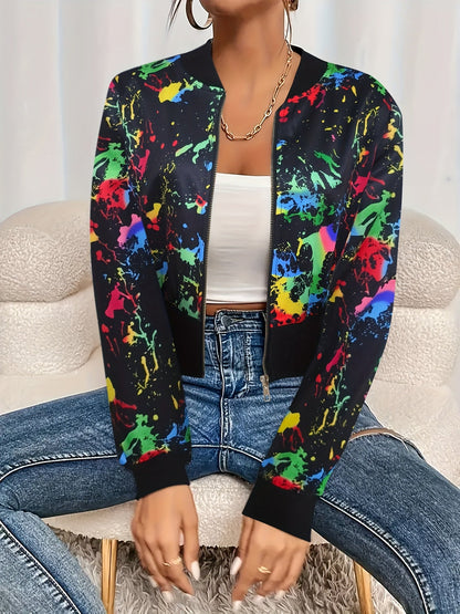 Casual Graffiti Print Long Sleeve - Bomber Jacket Zip Up Outerwear, Women's Clothing SS69