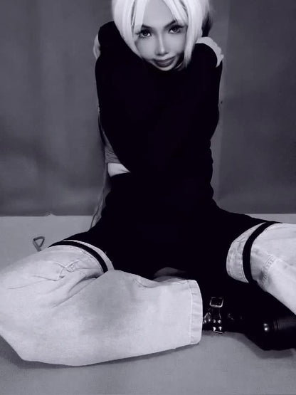 Trendy Two Tone High Elastic Waist Jeans - Women Patchwork Streetwear Style With Garter Belt Detail SS69