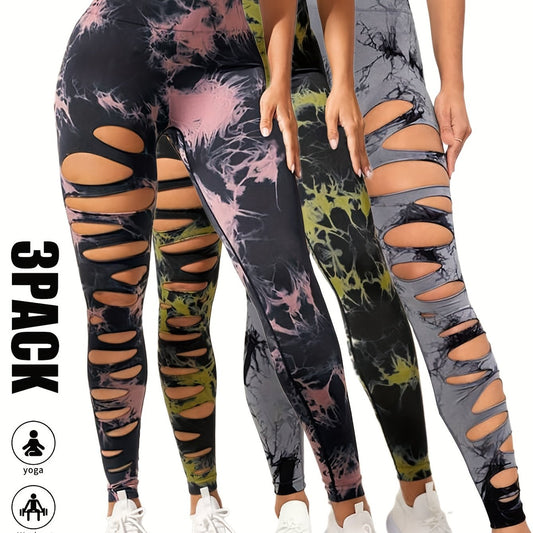 3 Pack High Waist Tie Dye Cutout Yoga Leggings - Scrunch Butt Lifting, Tummy Control, Elastic Workout Pants for Women SS69 42.69 3 Pack-GRY-BPN-LGN / S
