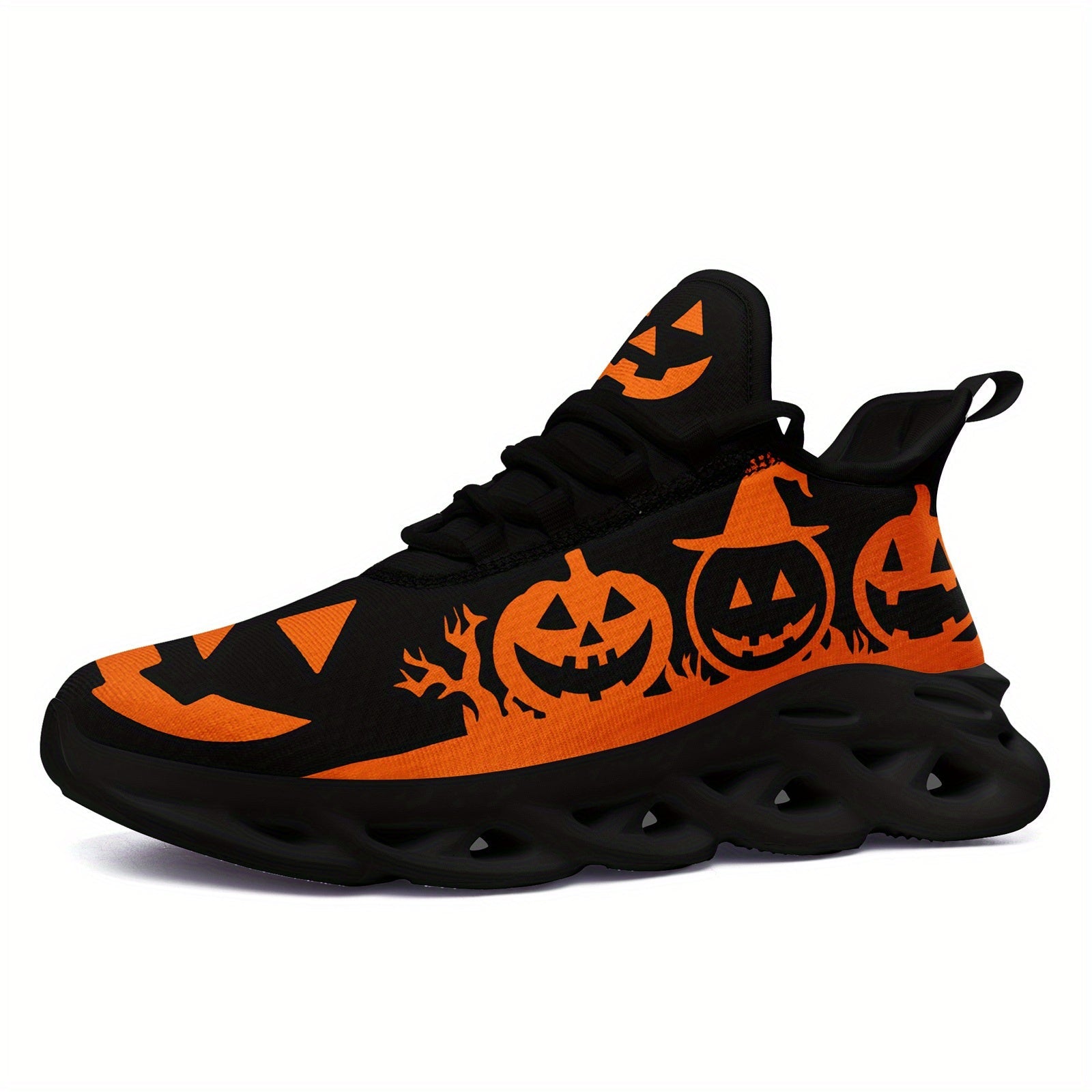 Women's Halloween Sneakers - Orange Pumpkin Jack-o'-Lanterns, Lace-Up Trick Treat Shoes, Plus Size Available - All-Season Casual Shoes for Halloween Parties, Casual Attire & Costume Outfits - Lightweight EVA Sole for Fall Fes SS69 39.69 FN003-25023124-1b / US 12.5