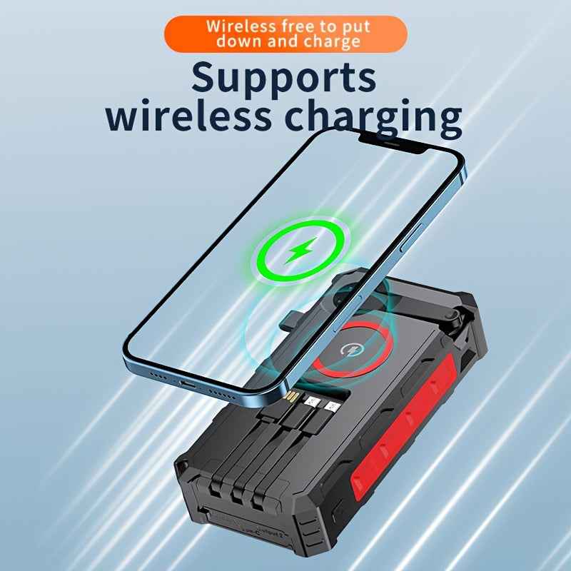 [Wireless Power Bank] 30000mAh Power Bank Wireless Charger | 15W Fast Charging, 7 Outputs, 4 Inputs, Solar Portable, SOS/Strobe/Strong Flashlights, Hand Crank, 3 Cables - Orange