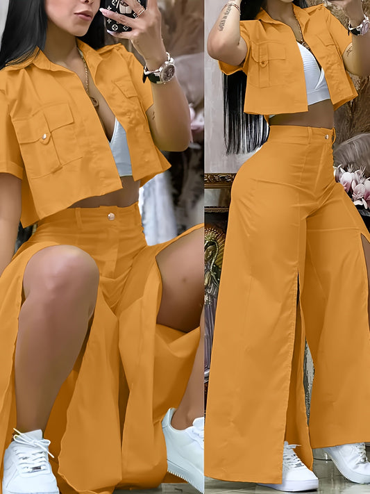 Women's Vibrant Yellow Casual Two-Piece Set: Short Sleeve Button-Up Shirt & High-Waist Wide-Leg Pants with Thigh-High Slit - Polyester, Machine Washable SS69