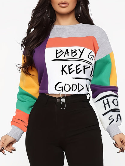 Women'S Color Block Letter Print Sweatshirt - Cozy Long Sleeve Crew Neck For Fall & Winter SS69