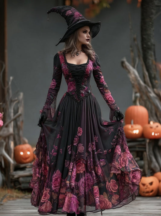 Women'S Elegant Retro Gothic Witch Dress - Long Sleeve Puffed Sleeve with Ruffled Hem & Belted Waist, Machine Washable Purple & Digital Print Halloween Costume Party Outfit, Vintage-Inspired Autumn Dress for Themed Events & C SS69