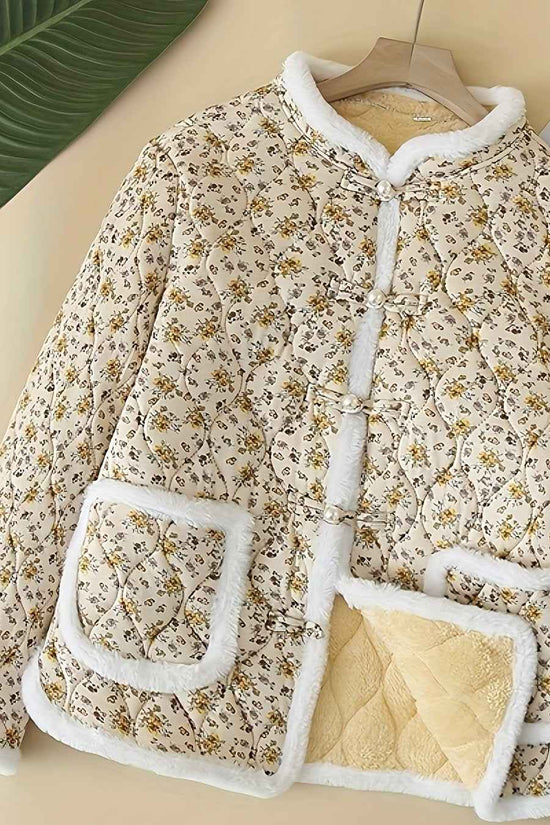 Plus Size, Women's Chinese Style Winter Coat with Cheona Collar (Standing Pronunciation) - Thick Padded Warm Jacket, Retro Button Front, Zipper Back Closure, Machine Washable Outerwear