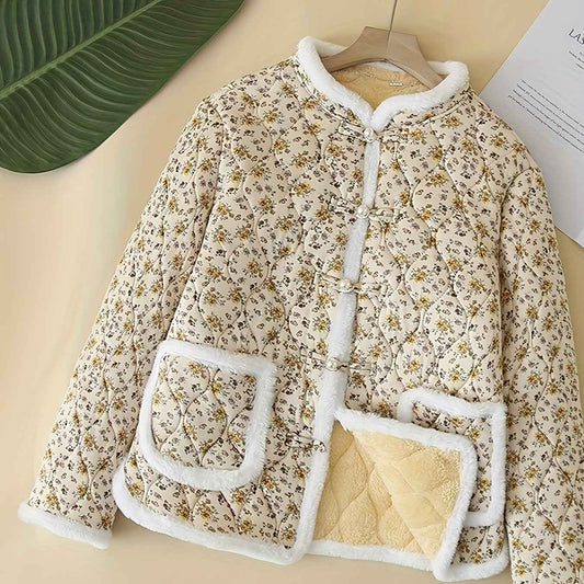 Plus Size, Women's Chinese Style Winter Coat with Cheona Collar (Standing Pronunciation) - Thick Padded Warm Jacket, Retro Button Front, Zipper Back Closure, Machine Washable Outerwear