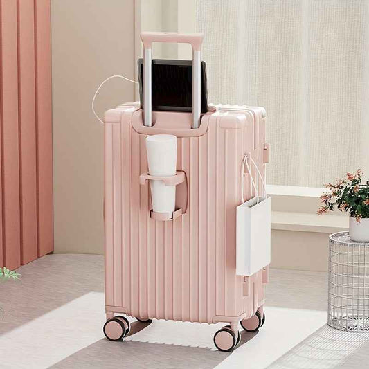 Christmas Gifts 20-Inch and Below Macaron Color Luggage with Cup Holder, USB Charging Port, Alloy Bumper Corners, Lightweight Carry-On Suitcase with Silent Spinner Wheels, TSA Lock, and Hook