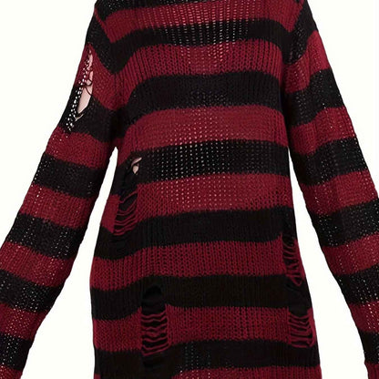 [Gothic Knitted Top] Gothic Long Loose-Fitting Knitted Top - Round Neck, Unique Torn Design with Contrasting Stripes