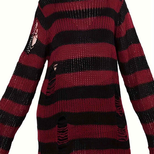 [Gothic Knitted Top] Gothic Long Loose-Fitting Knitted Top - Round Neck, Unique Torn Design with Contrasting Stripes