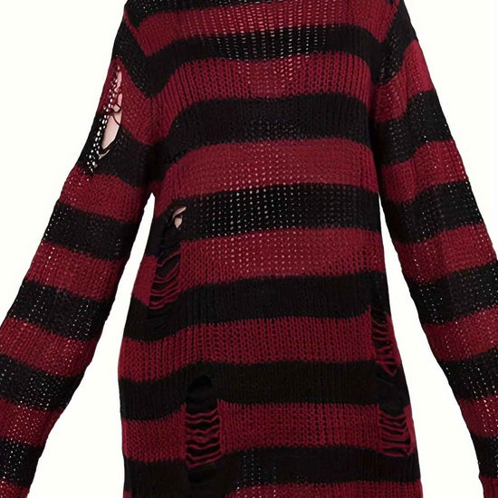 [Gothic Knitted Top] Gothic Long Loose-Fitting Knitted Top - Round Neck, Unique Torn Design with Contrasting Stripes