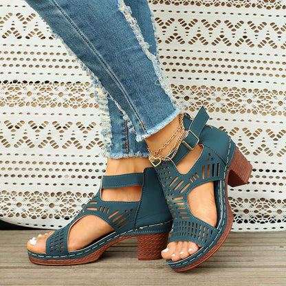 Women'S Summer Open-Toe Heel Sandals- Black Perforated Hollow Design, Ankle Strap And Zipper Closure, Stylish Breathable Casual Outdoor Shoes, Large-Size High-Heeled Sandals, Size US6-US11