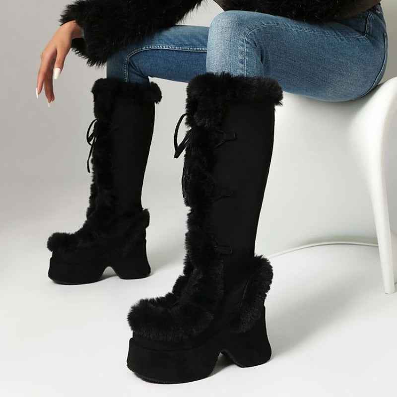 Women's Y2K Goth Boots/Faux Fur Knee-High Platform Winter/Chunky Heel & Lace-Up Closure/Warm Pink Furry Collar/Square Toe/Thick Rubber Sole & PU Cover/Cozy Snow Boots for Christmas, Parties & Casual Attire/Cold Weather Footwe