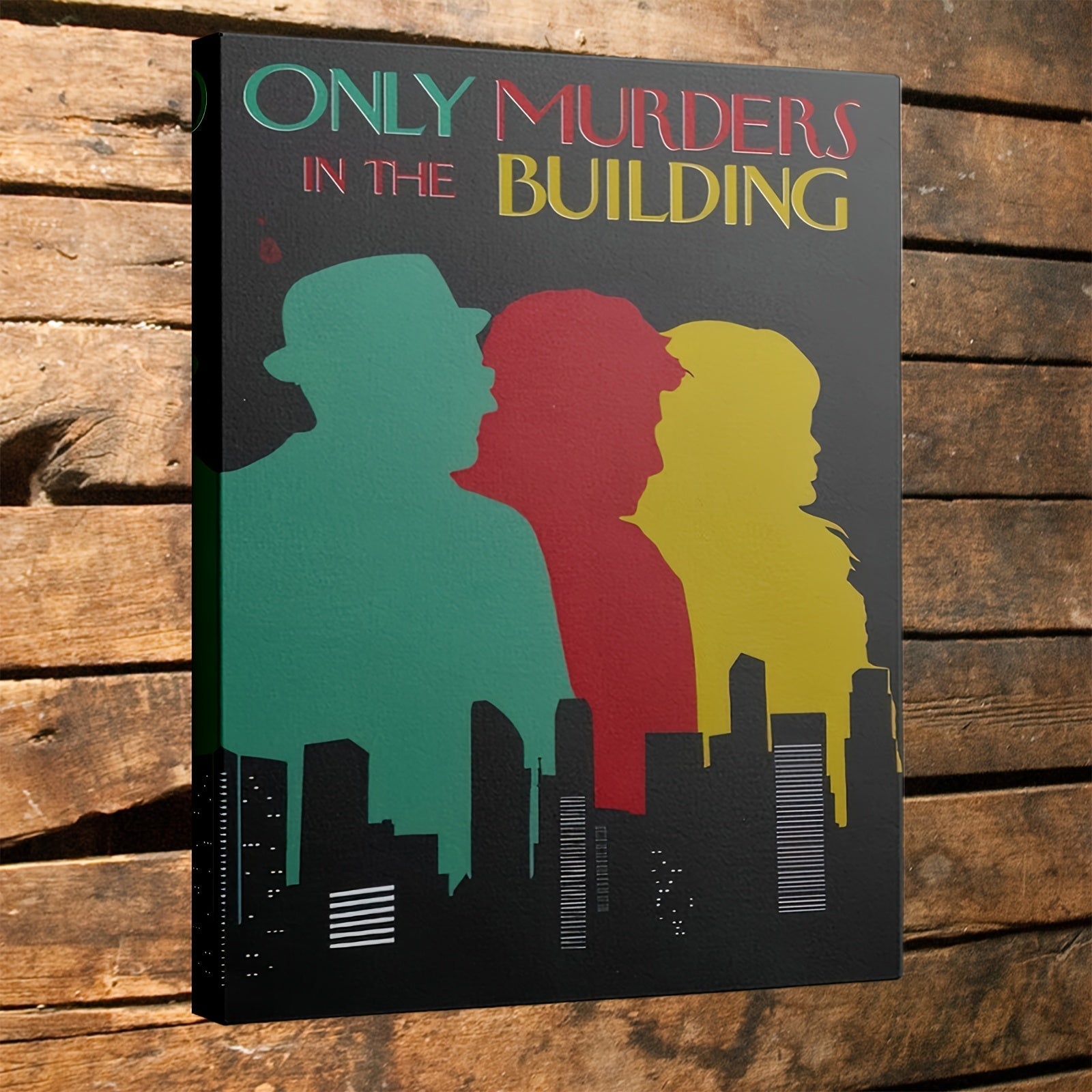 1pc Framed Canvas Painting - Only Murders in the Building Inspired Mystery Drama Decor - Dark Background with Green, Red, Yellow - Ready-to-Hang for Living Room, Office, Cafe - True Crime Fan Gift Idea - Framed Flat Canvas Wa SS69 18.69 15.7x23.6 Inch (40x60cm)