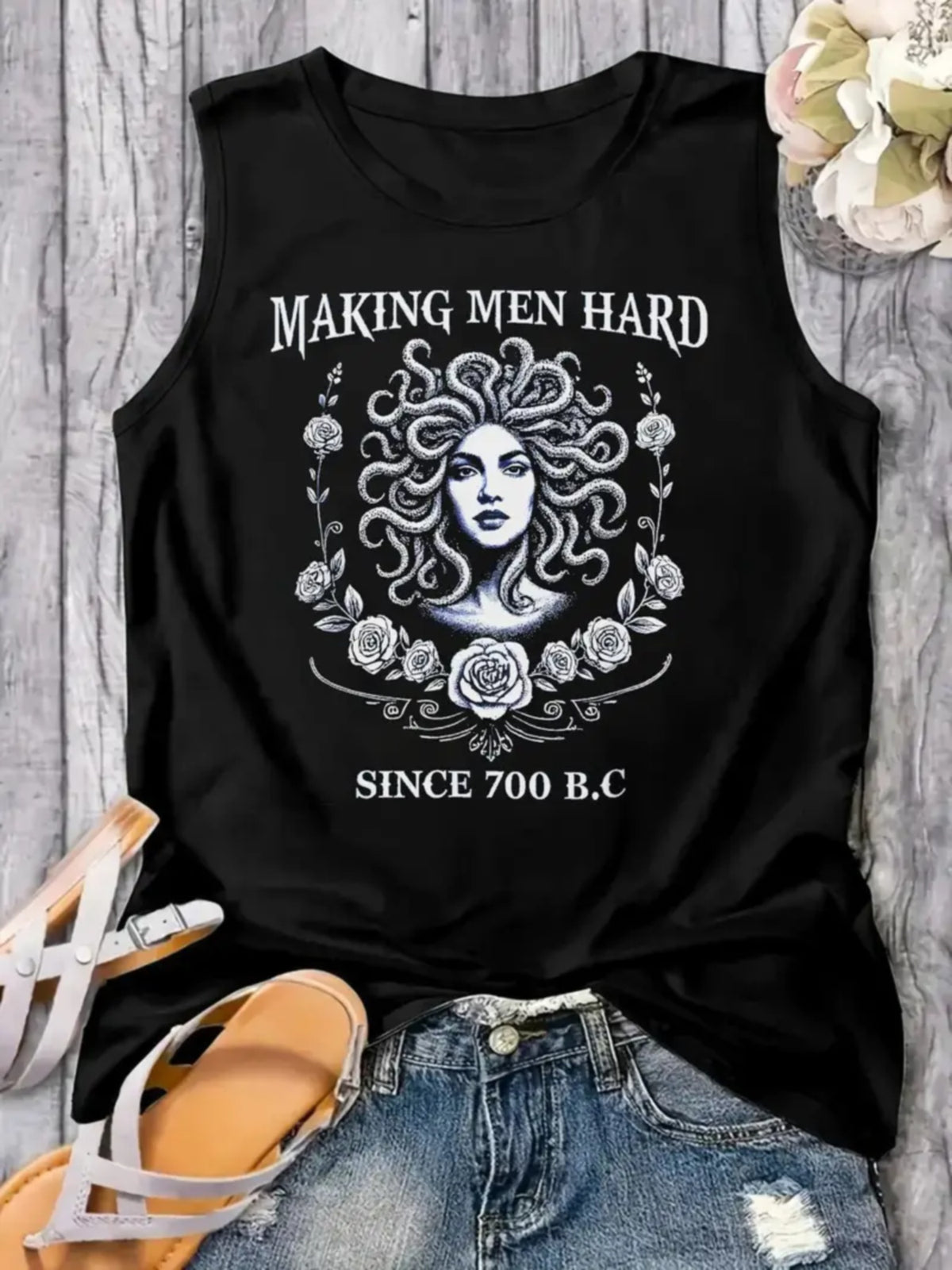 Women's Black Sleeveless Blouse - Greek Mythology Medusa Graphic Tank top, Medium Stretch Fabric for,,, Everyday Casual Outfits - Machine Washable Summer Beach Party Outfit, Apparel, Bold Graphic Print, Comfortable Fit, Cloth - SS69 
