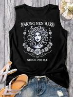 Women's Black Sleeveless Blouse - Greek Mythology Medusa Graphic Tank top, Medium Stretch Fabric for,,, Everyday Casual Outfits - Machine Washable Summer Beach Party Outfit, Apparel, Bold Graphic Print, Comfortable Fit, Cloth - SS69 