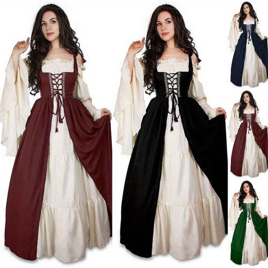 [Elegant Medieval Costume] Elegant Women's Medieval Two-Piece Costume - Renaissance Drama Outfit with Corset-like Bodice & Long Flowing Skirt | Halloween, Renaissance Faire, Themed Parties | Burgundy/White, Black/White, Green