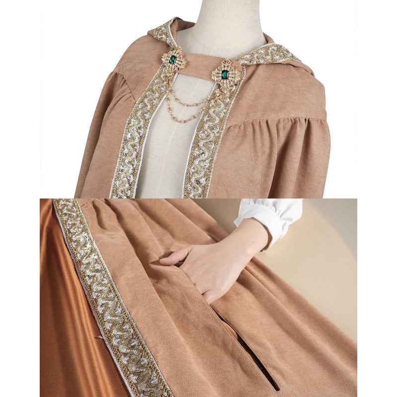 Medieval-Style Hooded Cape Costume, Celtic Knot & Satin Trim, Adjustable Tie-Front Closure, Renaissance Faire Outfit for Renaissance Festival Cosplay Themed Parties, Beige Pink Dark Green Burgundy