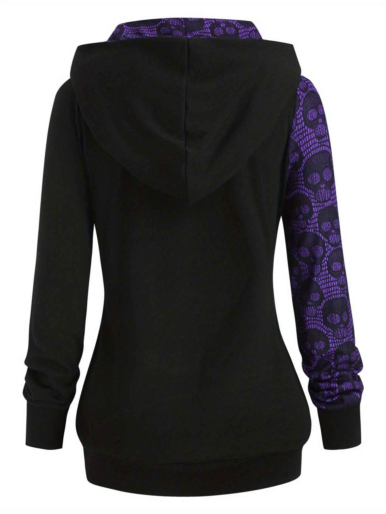 Women's Gothic Retro Skull & Lace-like Hooded Sweater - Black & White Color-Block Long Sleeve with Metal Grommet Eyelets, Slim-Fit Winter Warm Pullover, Machine Washable for Casual & Costume Outfits