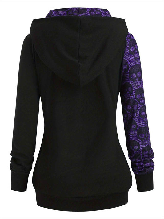 Women's Gothic Retro Skull & Lace-like Hooded Sweater - Black & White Color-Block Long Sleeve with Metal Grommet Eyelets, Slim-Fit Winter Warm Pullover, Machine Washable for Casual & Costume Outfits