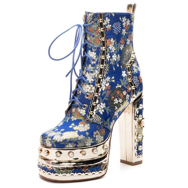 High Quality Platform Super High Heel Strap Rivet Women Thick Sole Heightening Wedding Boots Perfect for Dressy Occasions, Party Footwear, Sleek Design, Durable Construction, Stylish Footwear, Fashion Lovers, High Heel Bootie