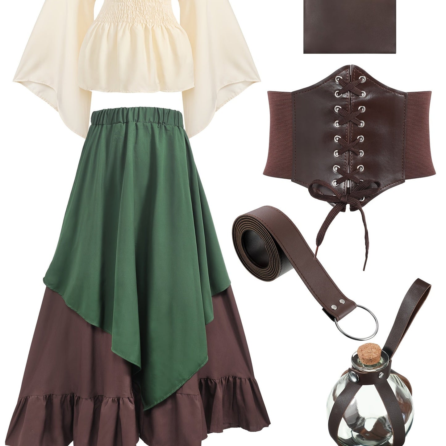 Women's Medieval Renaissance Costume - Green, X-Large, Includes Blouse, Skirt, Pouch, Corset Belt for Halloween SS69