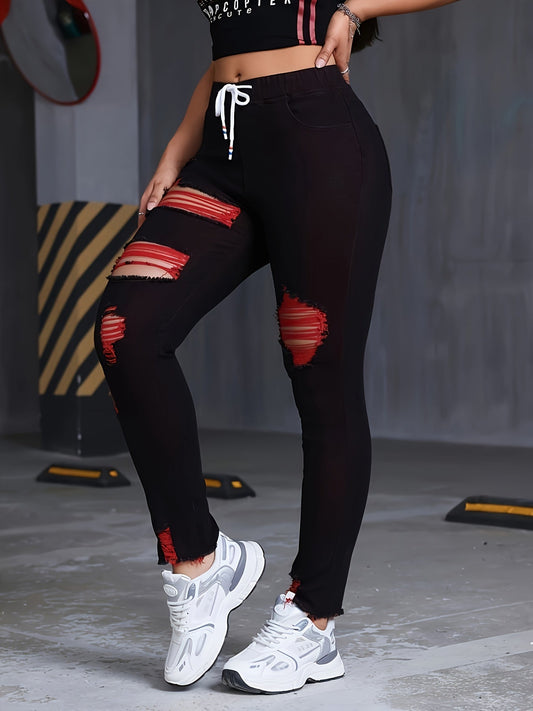 Women's High-Waisted Stretch Skinny Jeans - Black with Red & Green Thread Geometric Pattern, Y2K Distressed Ripped Cuffs & Slant Pockets, 85% Rayon/2% Elastane/13% Polyester Blend, Machine Washable All-Season Casual Pants SS69