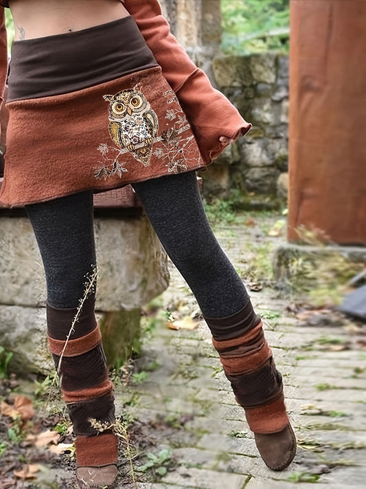 Women's Retro Color-Block Jumpsuit with Elastic Waistband & Owl Print - High-Stretch Machine-Washable Long Pants for Spring/Fall Casual Outings, Spring Fall Attire, Comfortable Fashion, Two-piece Look, Durable Fabric - SS69 