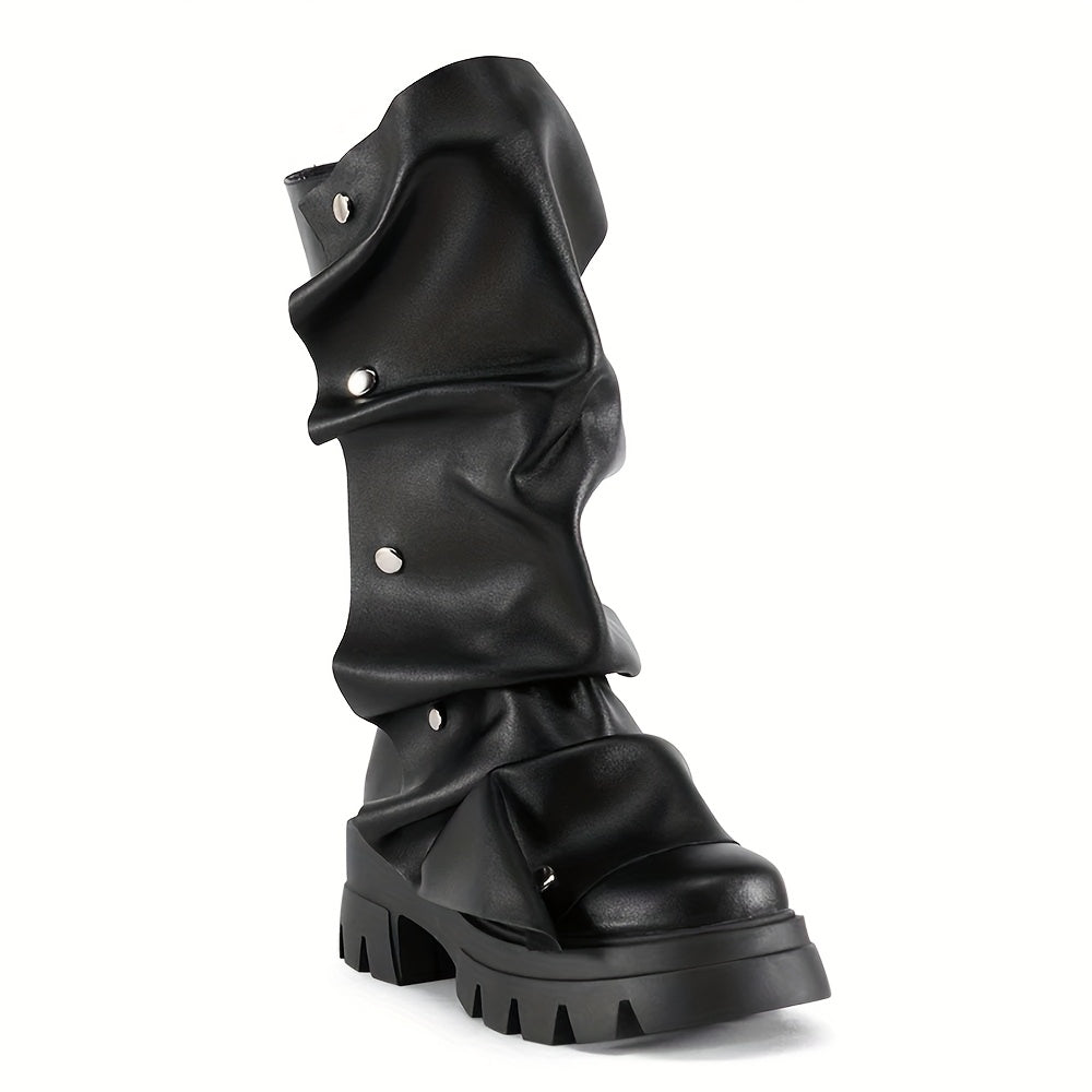 Women'S Round Toe Ruched Studded Mid Calf Chunky Heel Boots Stylish Boots Casual Dating Shoes SS69