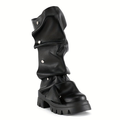 Women'S Round Toe Ruched Studded Mid Calf Chunky Heel Boots Stylish Boots Casual Dating Shoes SS69