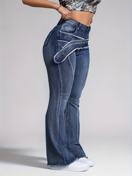 Plus Size Medium Stretch Vintage Style 1pc Flare Leg Jeans for Women, Polyester Blend, Raw Hem Detail, All-Season Solid Color Woven Denim with Decorative Belt Loops SS69