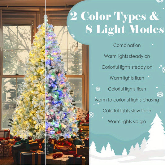RIDFY 6FT Snow Flocked Christmas Tree, Pre-Lit Set with Tree & Garland & Wreath, Artificial Hinged Xmas Tree with Colorful LED Lights, 8 Lighting Modes, Pine Cones, Holiday Decor for Home SS69