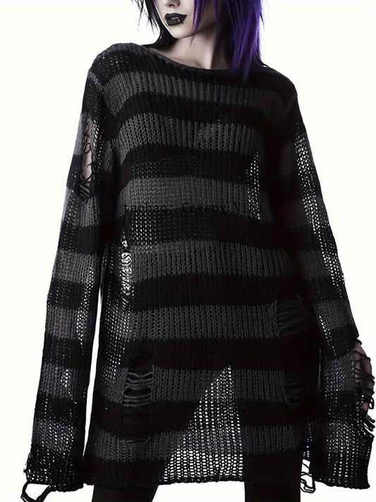 [Gothic Knitted Top] Gothic Long Loose-Fitting Knitted Top - Round Neck, Unique Torn Design with Contrasting Stripes
