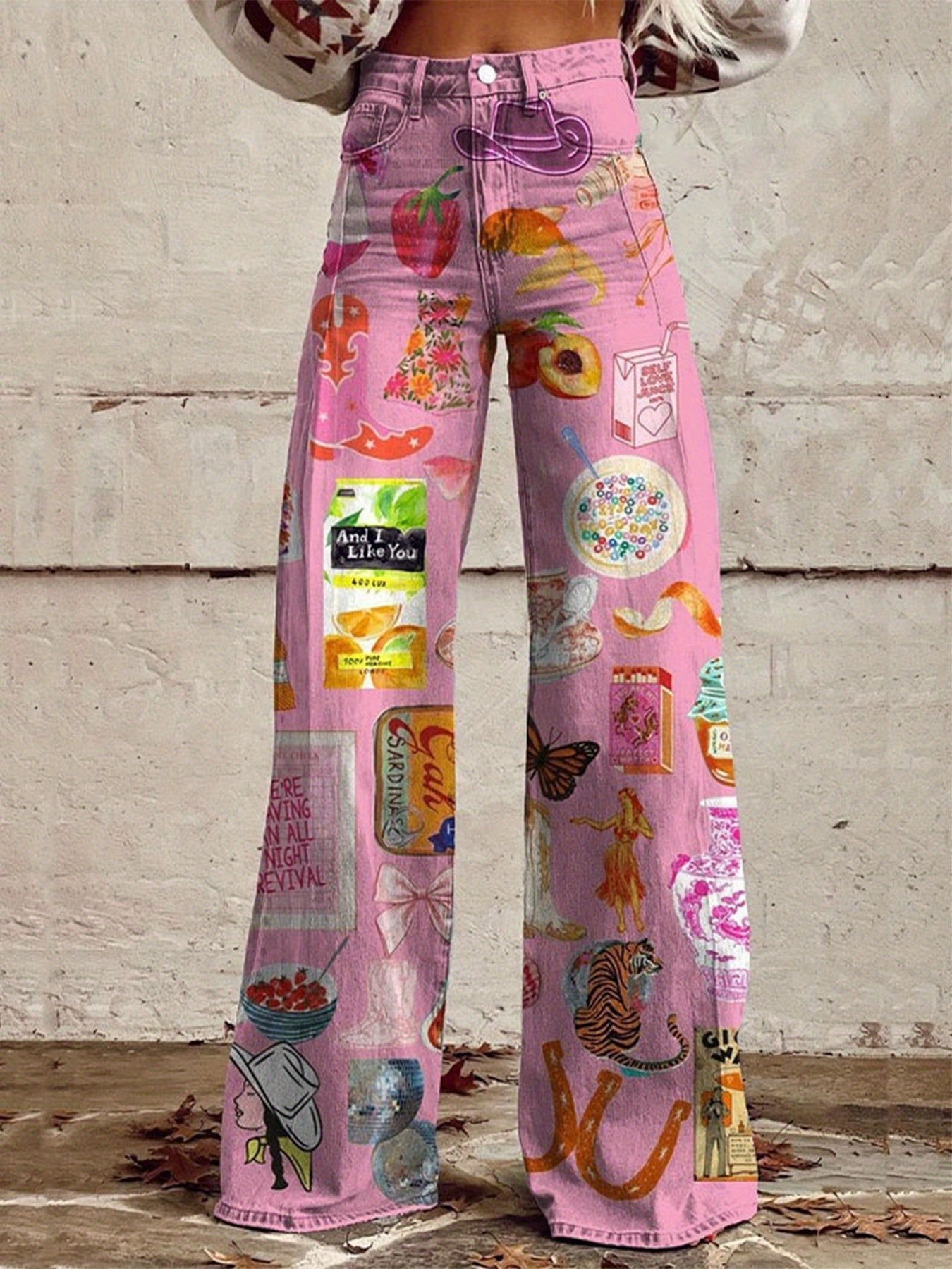 1 Pair of European And American Women'S Retro Style Denim High Waist Wide Trousers, Casual Style, Creative Printing, Suitable for Wearing in All Seasons Denim Women'S Trendy Trousers SS69