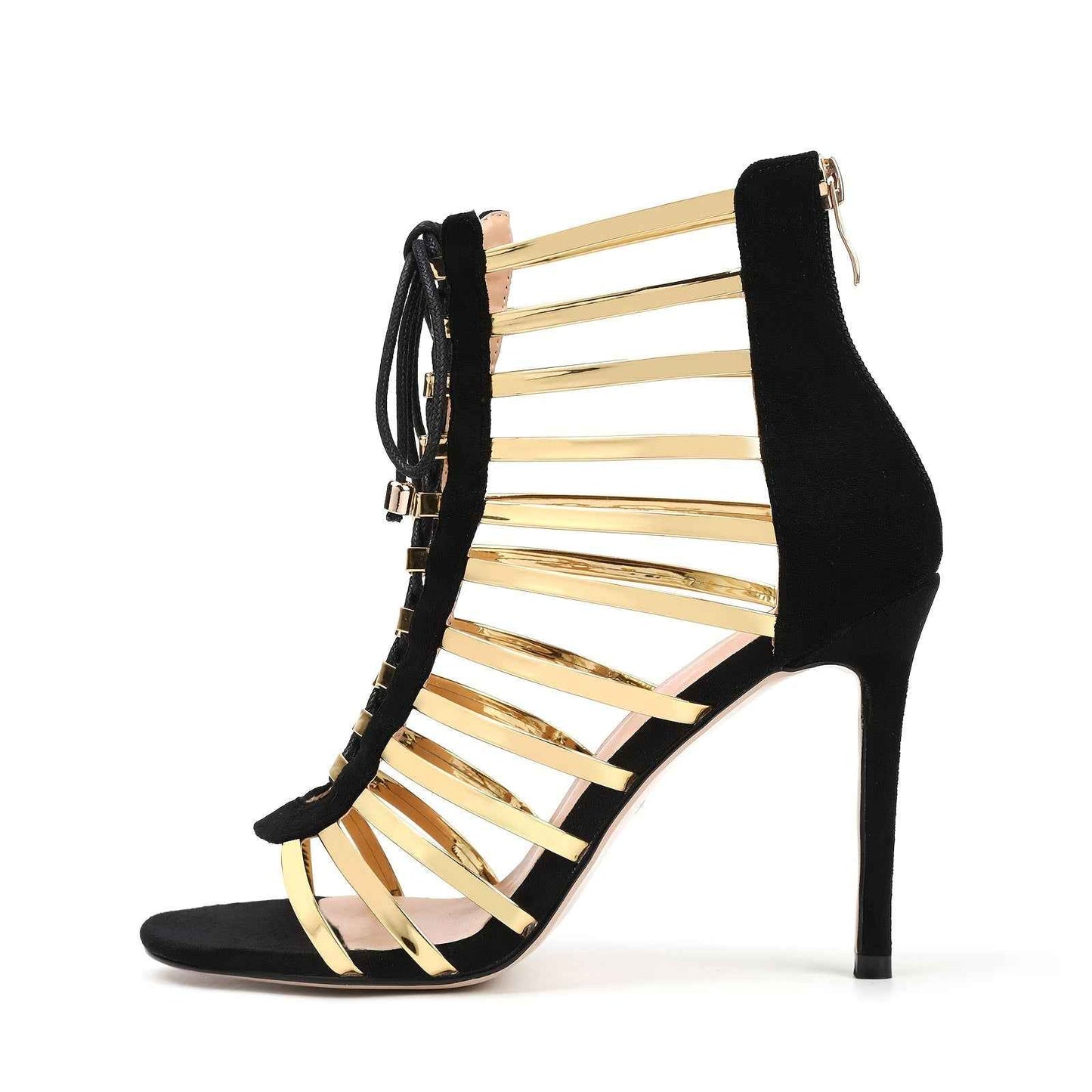 Black/Red Women's Hollow Lace-Up Heel Sandals Slim High Heel, Open Toe & Side Zipper Summer Evening Dress Shoes