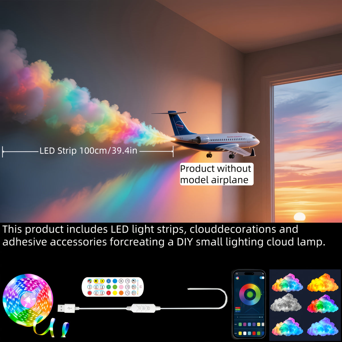 1pc BINDLAN DIY Cloud Lamp with RGBIC Music Sync & Thunder Cloud Effects, Adjustable Shape USB-Powered Mood Light for Bedroom Decor, Gaming Ambiance, TV Backlight - 3.3ft-9.9ft Options, Remote Control, Wireless/Infrared, Dimm SS69 18.69 LED Strip 100cm/39.4in