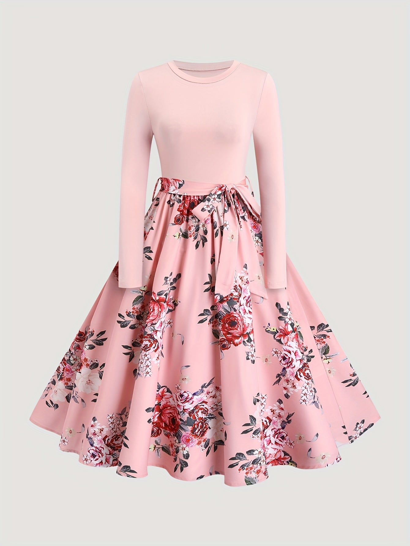 [Pink Floral Dress] Polyester Women's Pink Floral A-Line Dress - Long Sleeves, Round Neck, Machine Washable, Belt Detail, Perfect for Spring/Summer SS69