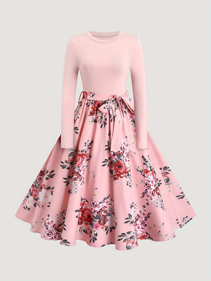 [Pink Floral Dress] Polyester Women's Pink Floral A-Line Dress - Long Sleeves, Round Neck, Machine Washable, Belt Detail, Perfect for Spring/Summer SS69